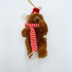 Vintage Brown Jointed Teddy Bear Christmas Ornament Red Striped Scarf Holiday 5"